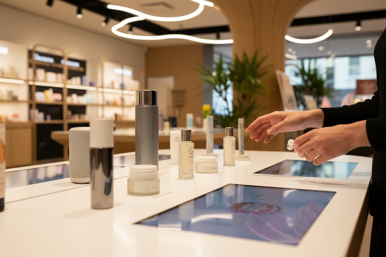 Customer testing products at a hands on retail demo station