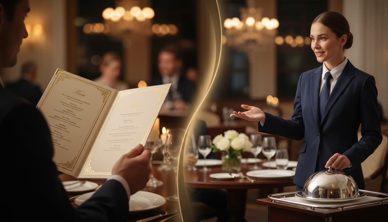 Side-by-side visuals of guests choosing menu items and a server recommending premium options