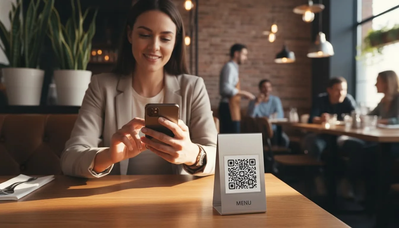 Comensal escaneando un código QR de menú en la mesa de un restaurante con su smartphone