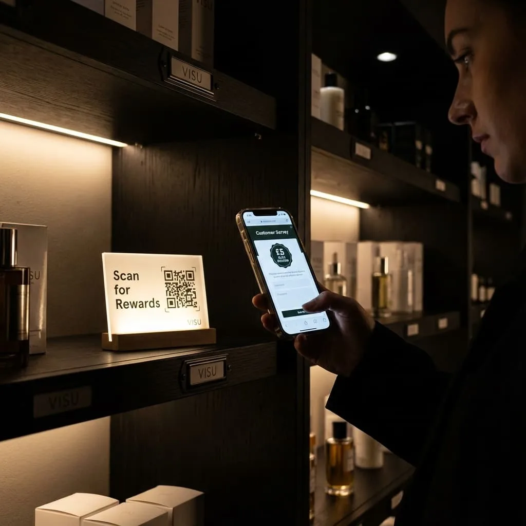 Cliente escaneando un código QR en tienda para ganar recompensas y compartir feedback.