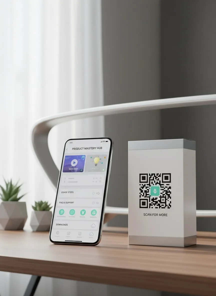 hub de educación de producto en móvil abierto desde código QR en packaging con tutoriales y consejos de uso