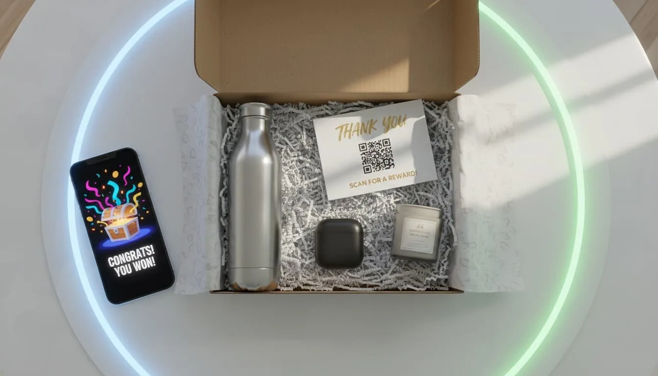 cliente escaneando código QR en packaging de producto y viendo pantalla de onboarding guiado en su teléfono