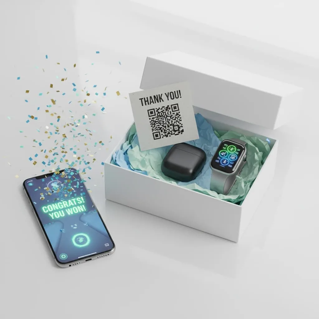 cliente abriendo caja de producto y escaneando tarjeta QR que revela una recompensa gamificada