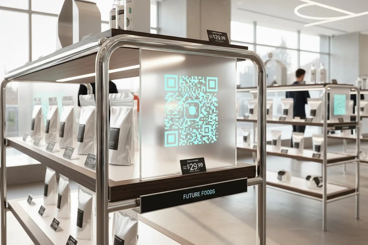 QR code placed on a retail shelf next to product labels and pricing