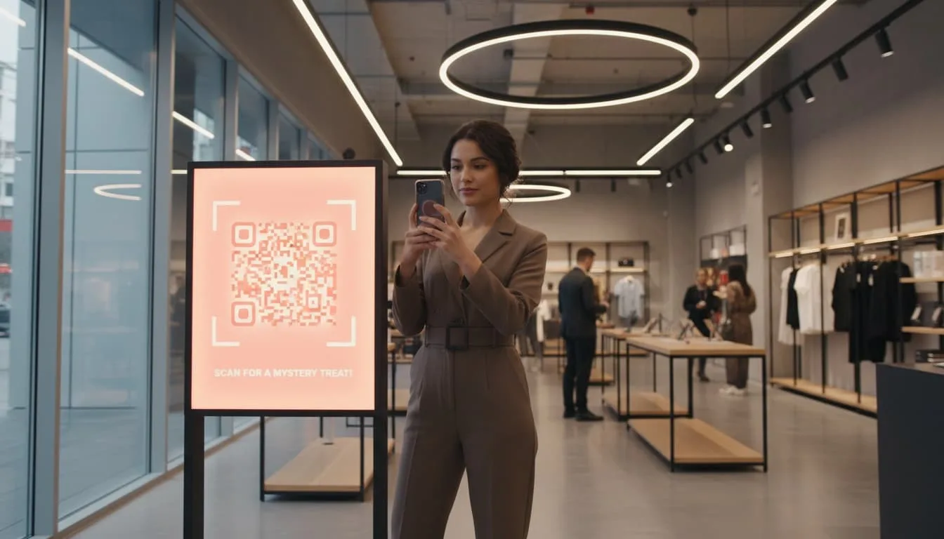 Compradora escaneando un código QR en un cartel de promoción retail