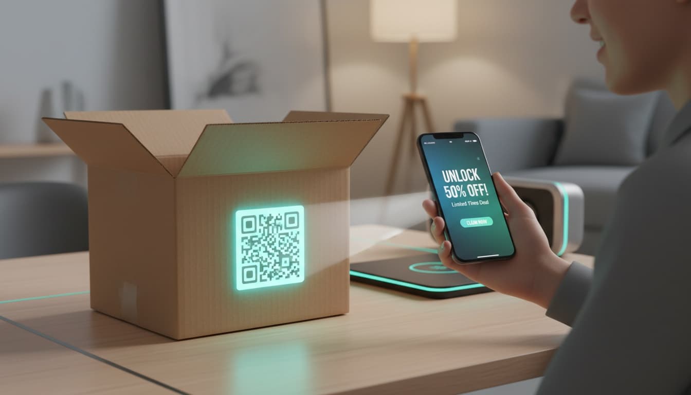 Customer scanning a QR code on a delivered package to unlock an exclusive personalized offer