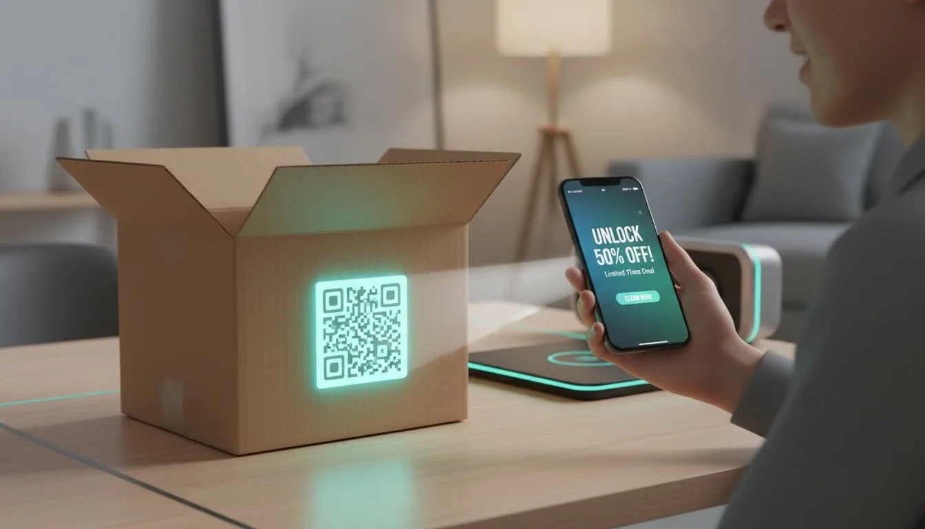 cliente escaneando código QR en un paquete entregado para desbloquear una oferta exclusiva personalizada