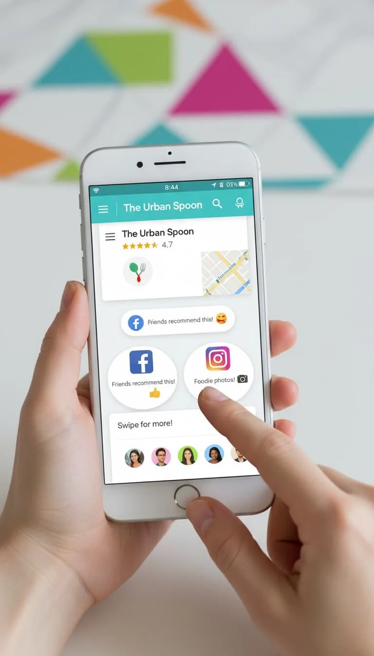 Celular mostrando resultados de restaurante no Google Maps e recomendações em redes sociais
