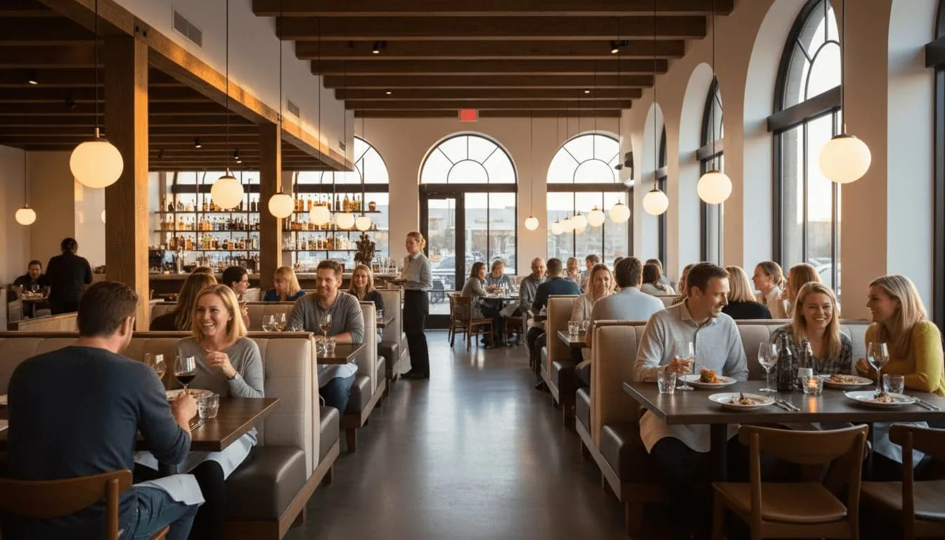 Interior de restaurante mostrando layout limpo, sinalização clara e clientes tendo uma experiência tranquila