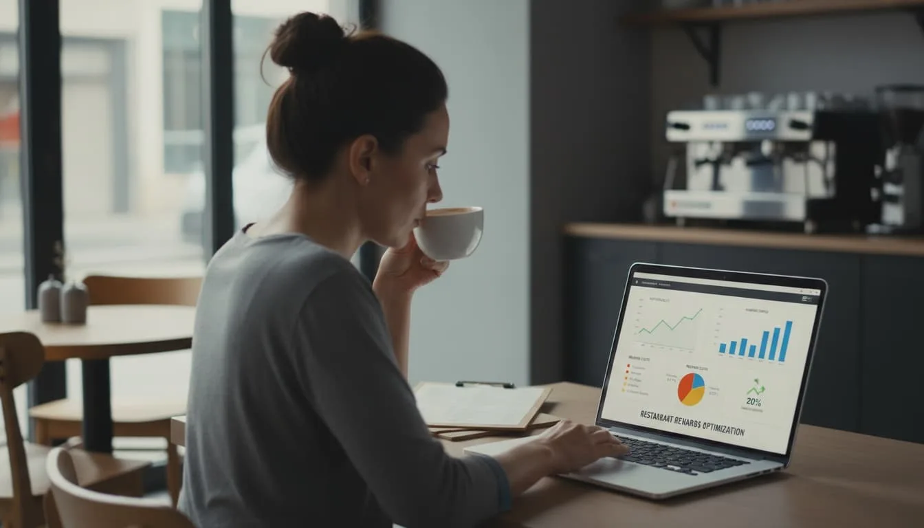 Gerente de restaurante revisando dashboards de rendimiento del programa de fidelización y métricas financieras en un portátil