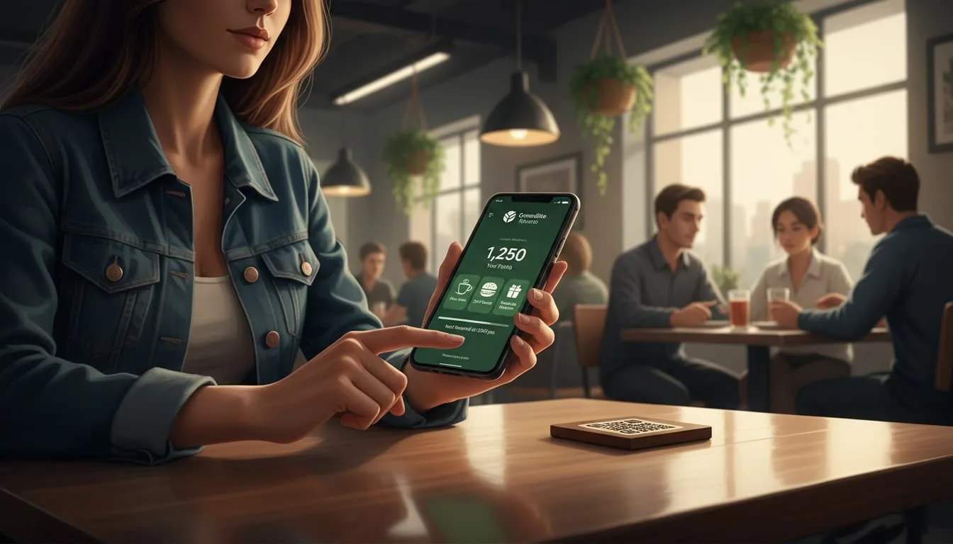 Cliente usando una app de fidelización del restaurante para rastrear puntos y recompensas en la mesa