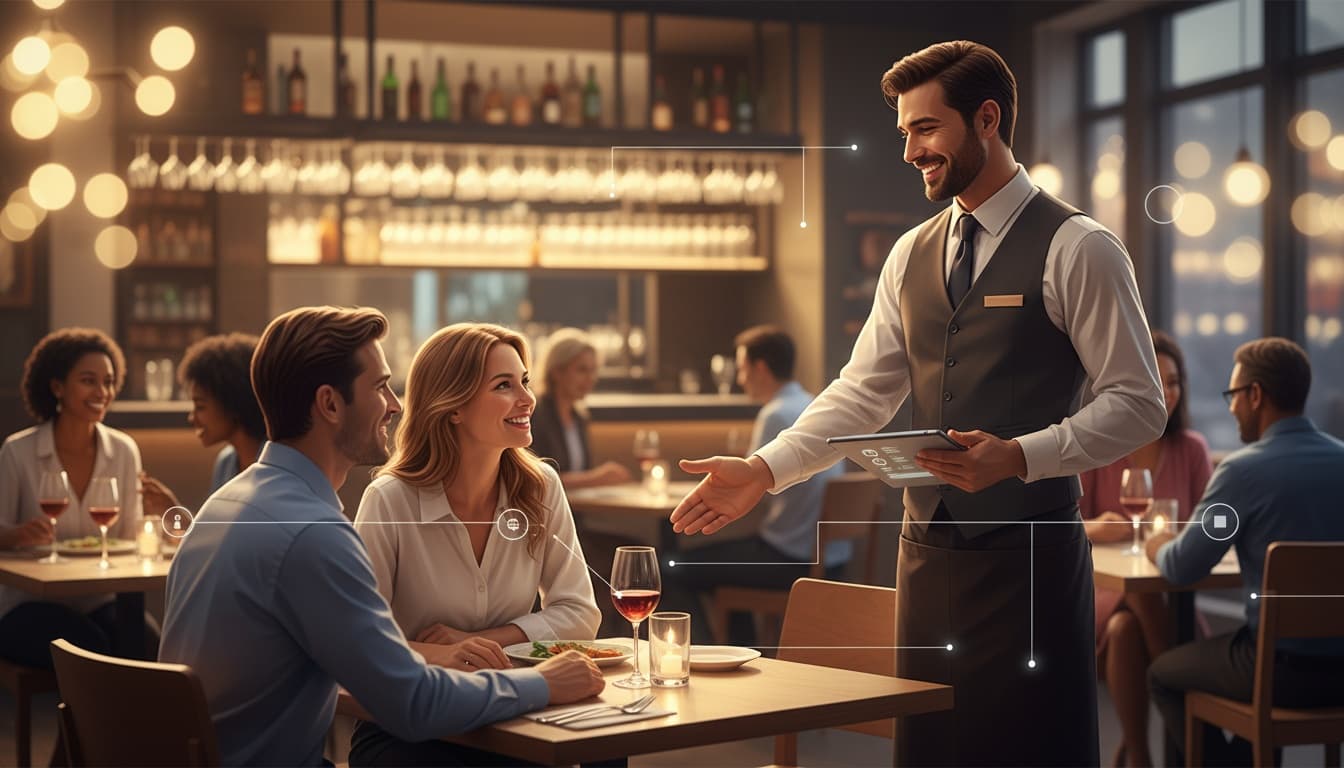 Restaurant staff warmly greeting returning guests and taking notes on a tablet for loyalty tracking