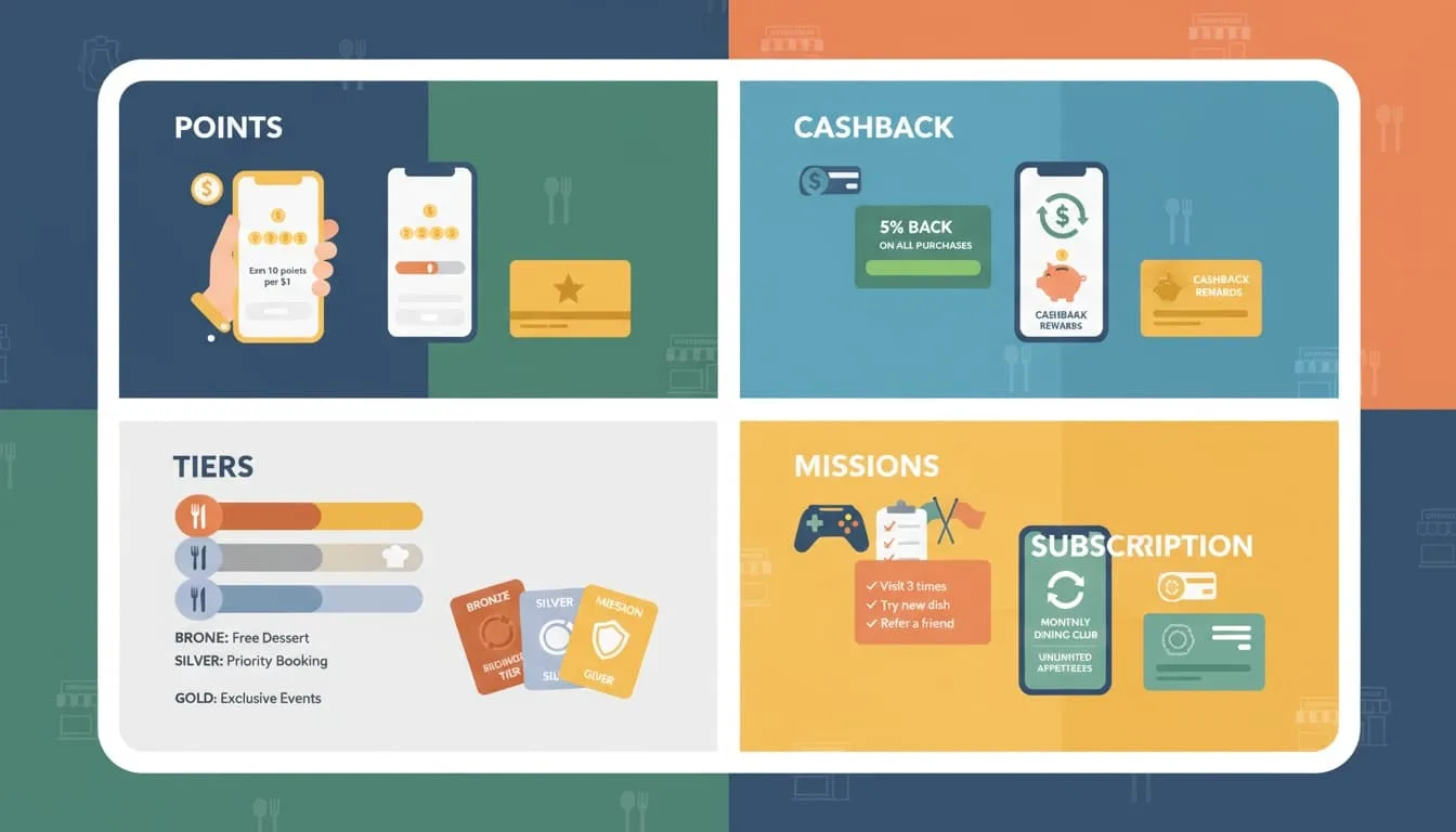 Ilustración mostrando diferentes tipos de programas de fidelización para restaurantes: puntos, niveles, cashback y suscripciones