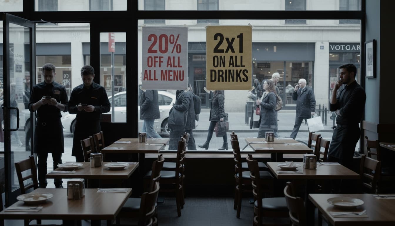 Empty restaurant dining room with discount posters on the window and staff waiting for guests