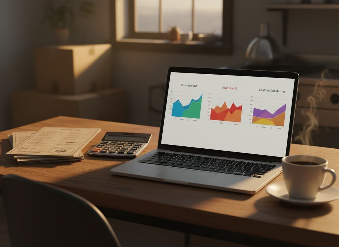 Laptop with a dashboard showing promotion ROI, food cost and contribution margin charts in a restaurant office