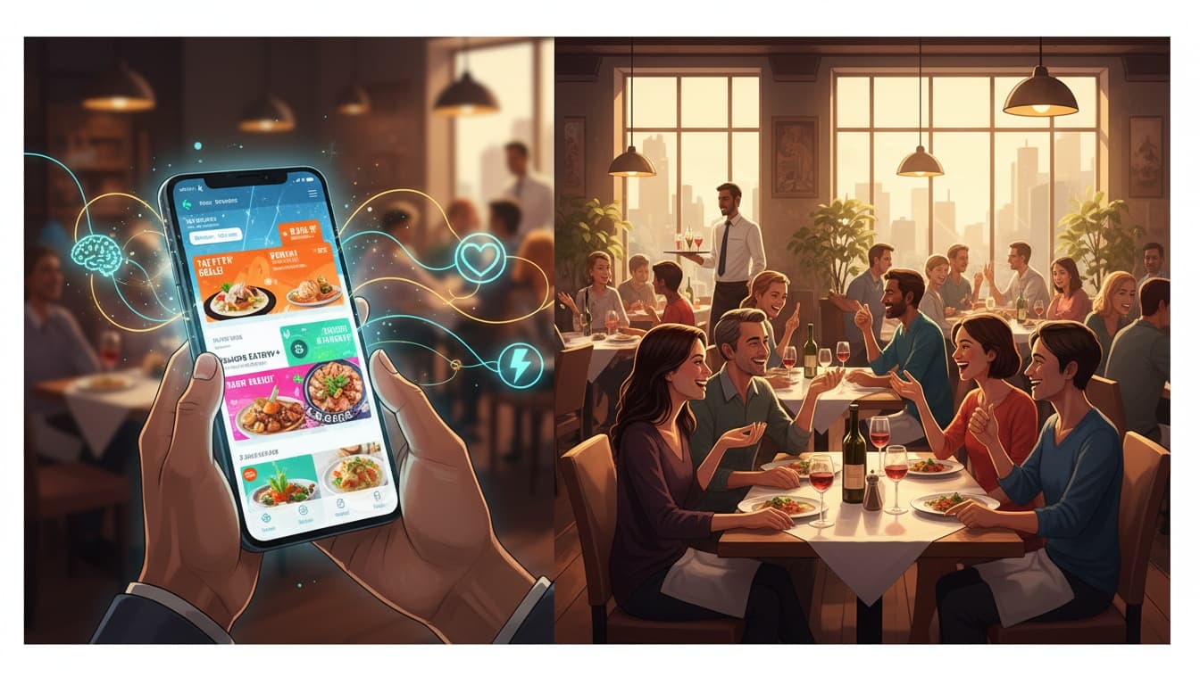 Split image showing a guest choosing a restaurant on their phone and a busy dining room full of people enjoying food