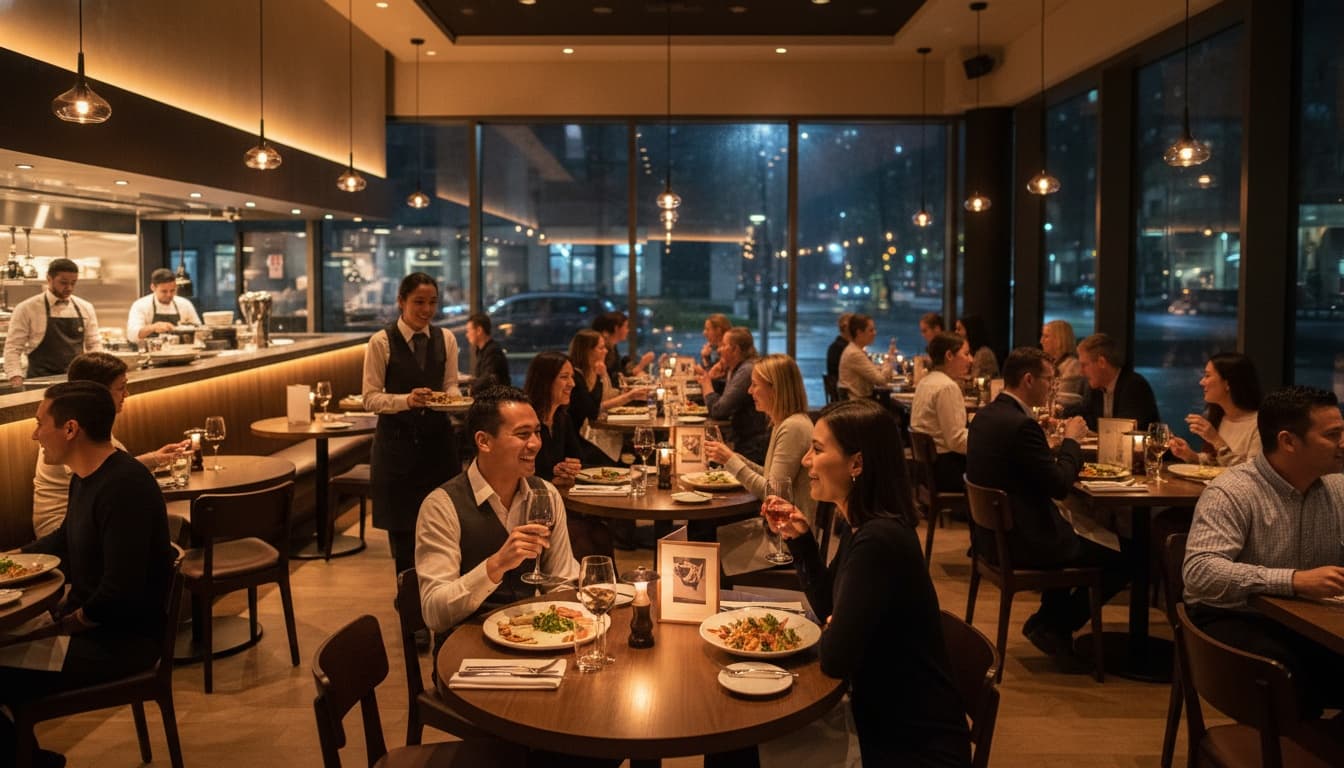 Busy restaurant with table tents showing special offers and guests sharing appetizers and drinks