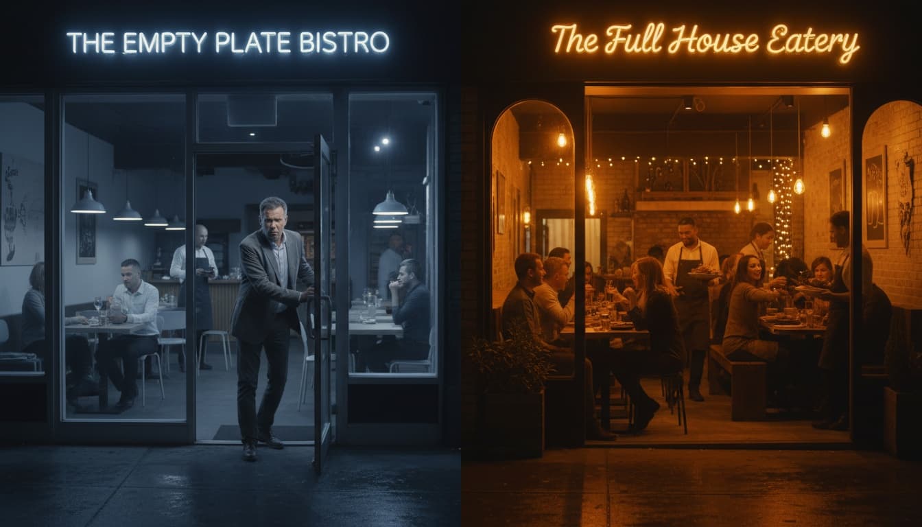 Frustrated restaurant guest leaving a half-empty dining room while a nearby restaurant looks warm and busy