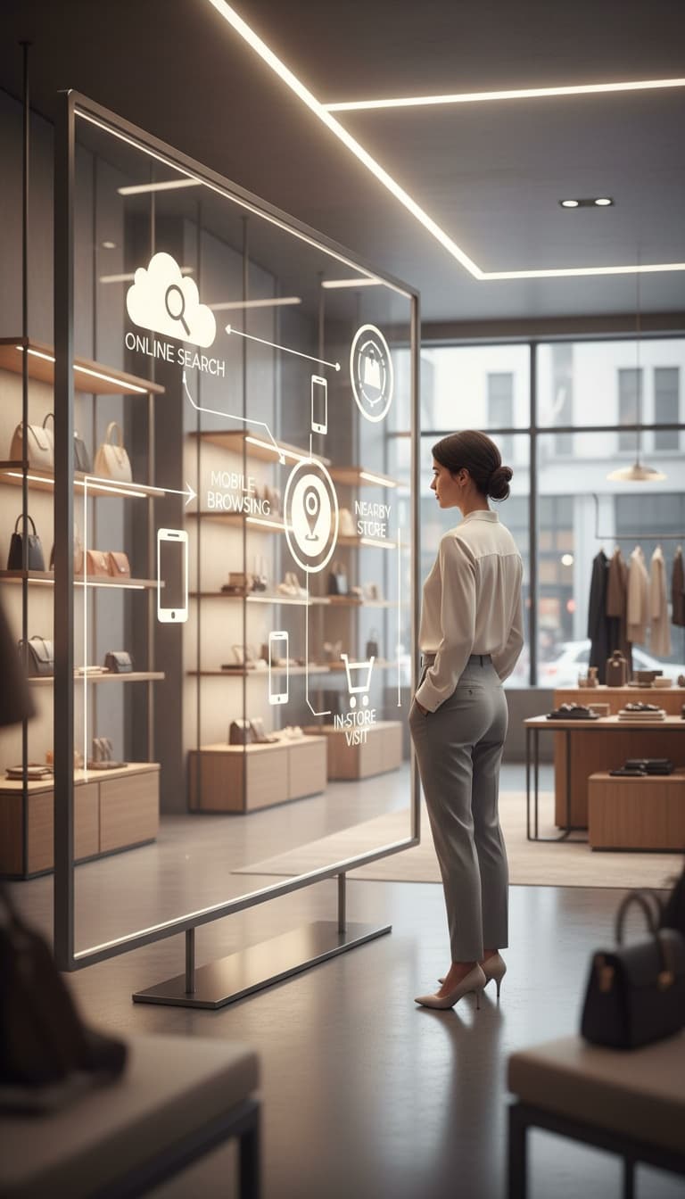 Shopper examining retail journey data that connects online discovery with in store visits