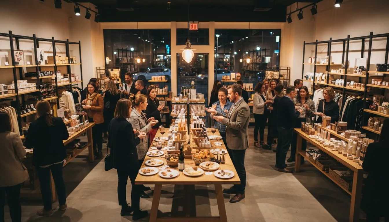 Retail store hosting a small community event with guests, products on display, and a friendly atmosphere