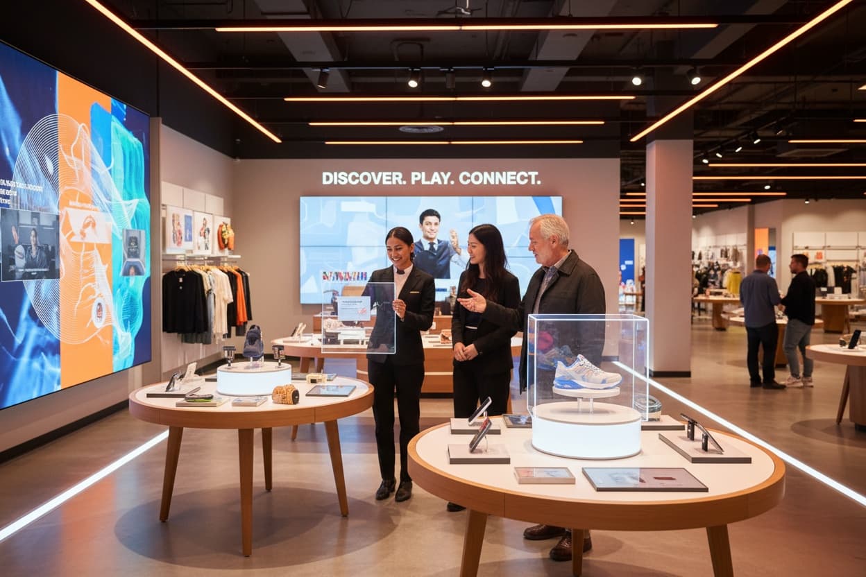 Retail store interior with interactive displays, staff assisting customers, and a welcoming experiential layout