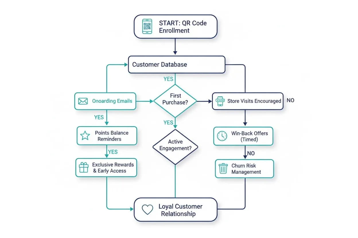 Automated customer lifecycle journey for a retail loyalty program with onboarding, engagement, and win back flows