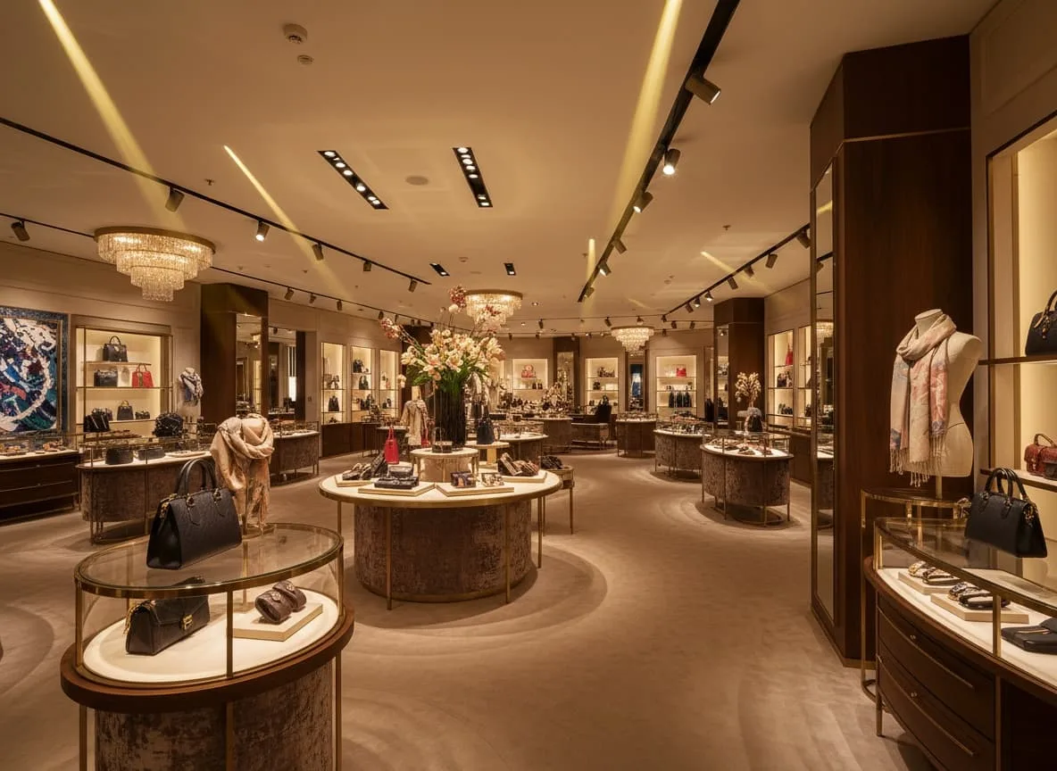 Spotlights illuminating premium product displays inside a retail store with contrast between featured items and background