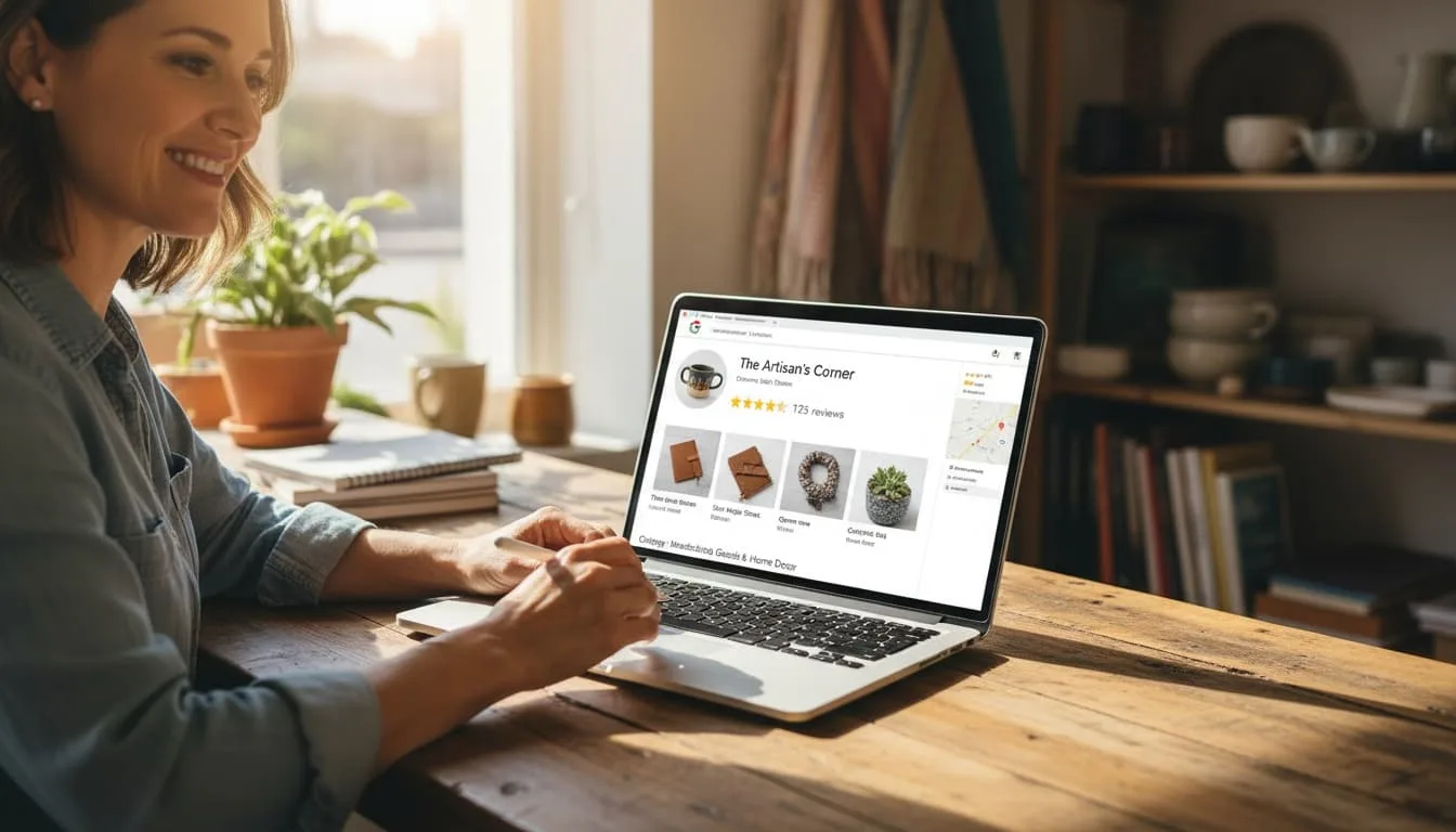 Retail store owner optimizing local SEO and business profile on a laptop with store photos on screen