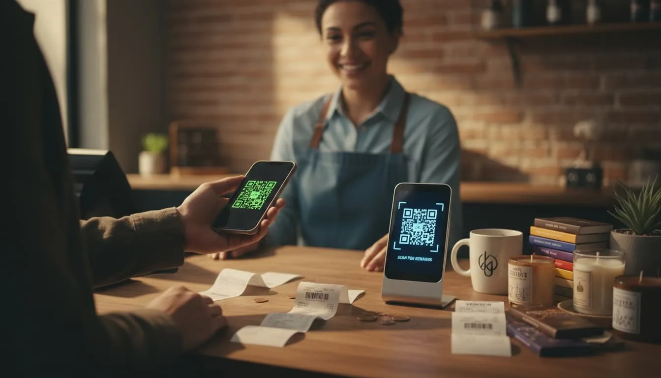 Customer scanning a loyalty QR code at the checkout counter to earn visit based rewards
