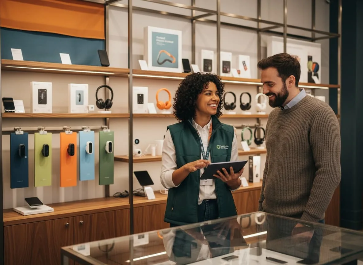 Empleada de retail ayudando a una compradora con sugerencias personalizadas de producto