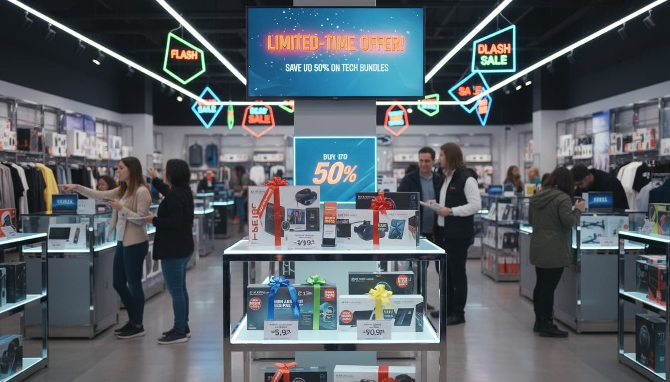 Retail promotion display highlighting bundles and limited time offers