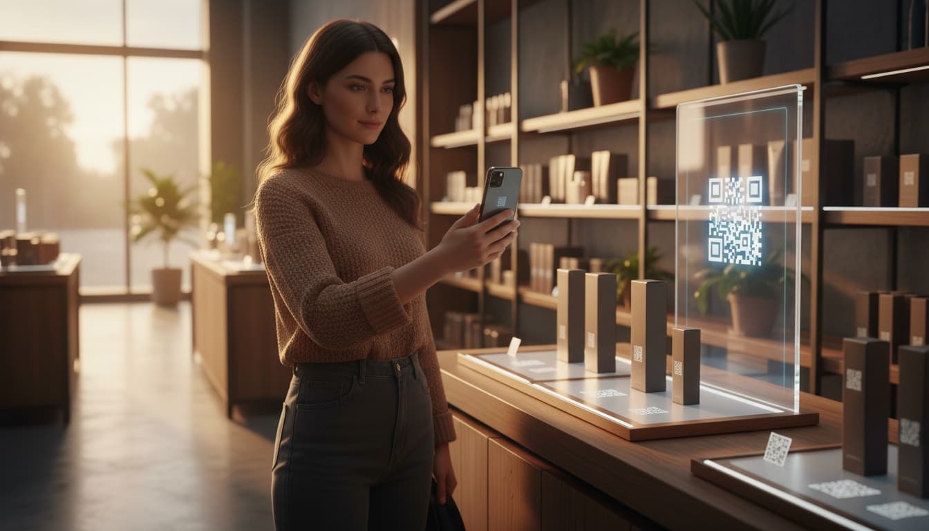 Shopper scanning a QR code on a product display inside a modern retail store