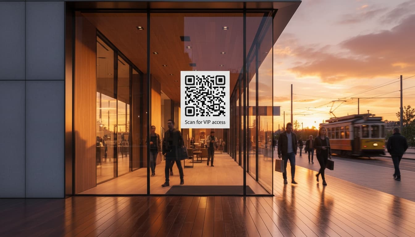 Retail storefront window with a prominent QR code inviting passersby to scan for an in store reward