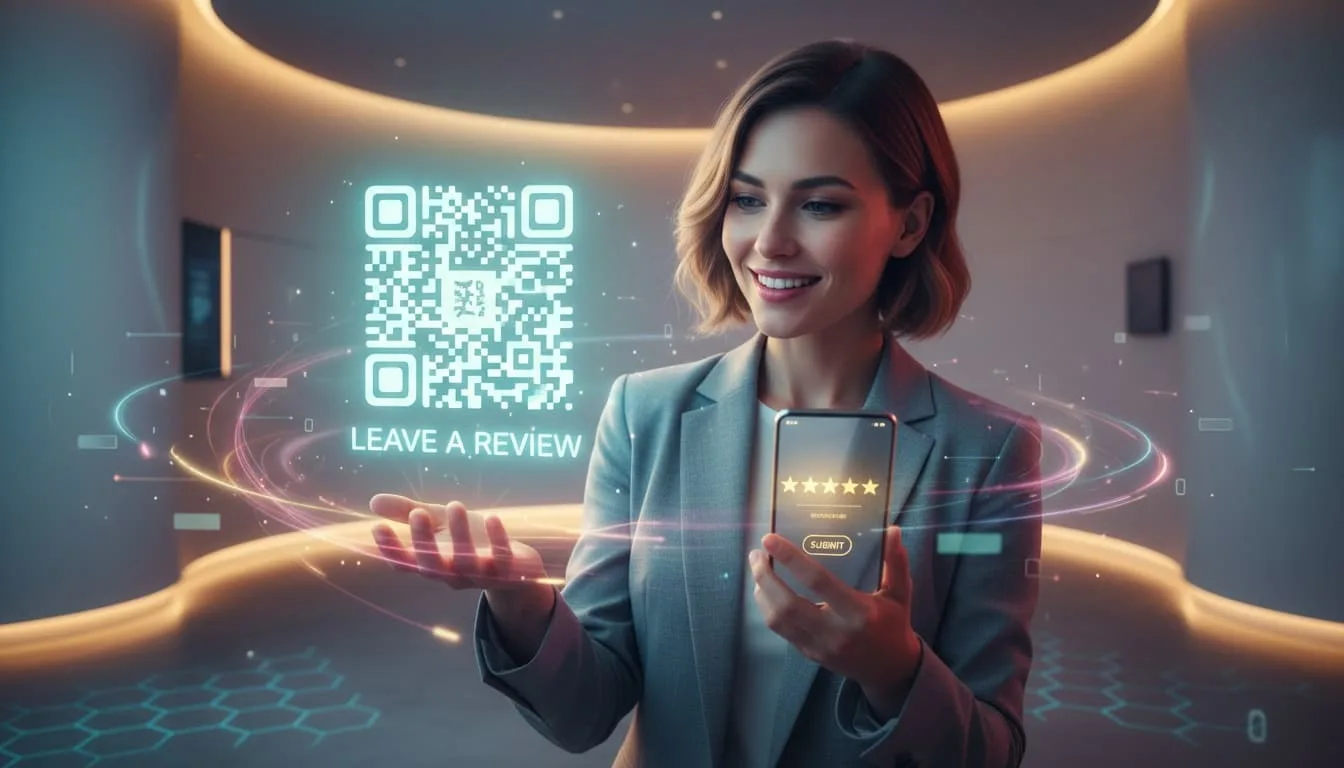 cliente escaneando código QR para dejar una reseña rápida tras el servicio