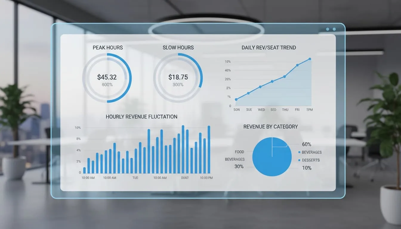 Dashboard de analítica RevPASH de restaurante mostrando rendimiento en horas punta y horas bajas