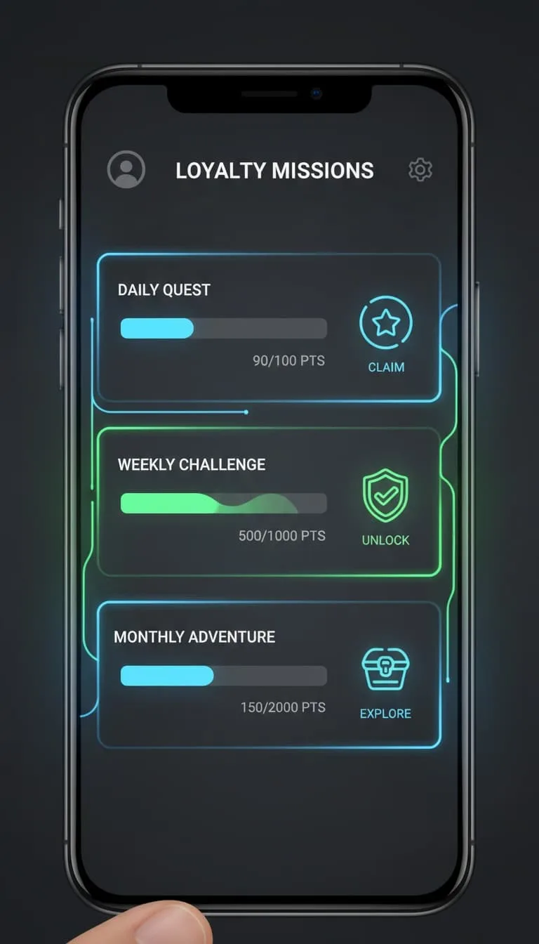 pantalla móvil mostrando misiones de fidelización in-app con puntos e indicadores de progreso