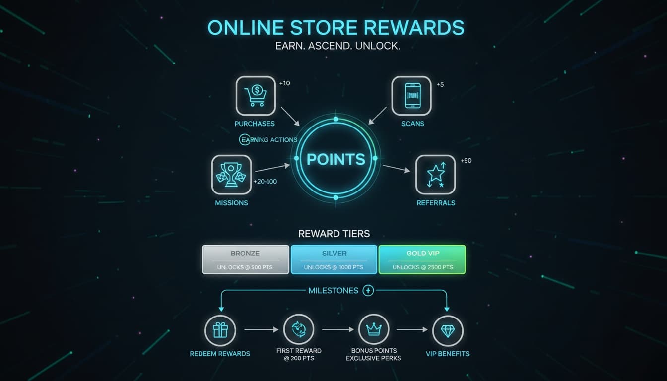 Diagram of an online store rewards program showing points, tiers, and reward milestones