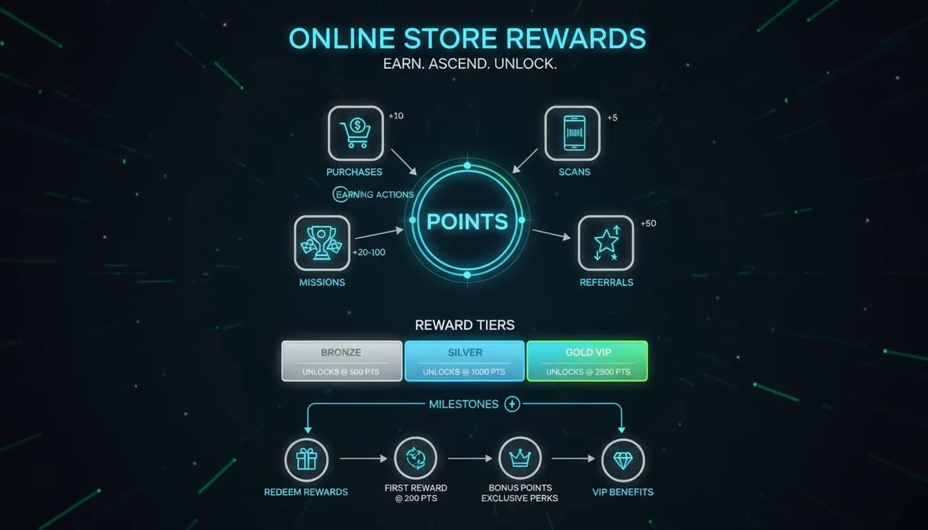 diagrama de programa de recompensas de tienda online mostrando puntos, niveles e hitos de recompensa