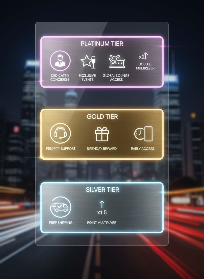 VIP reward tiers for an online store showing Silver, Gold, and Platinum benefits