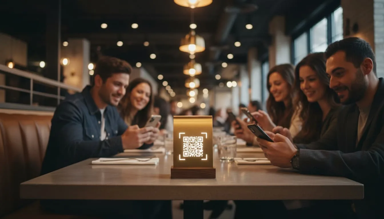 Comensales de restaurante escaneando una campaña Escanea y Gana con código QR en la mesa