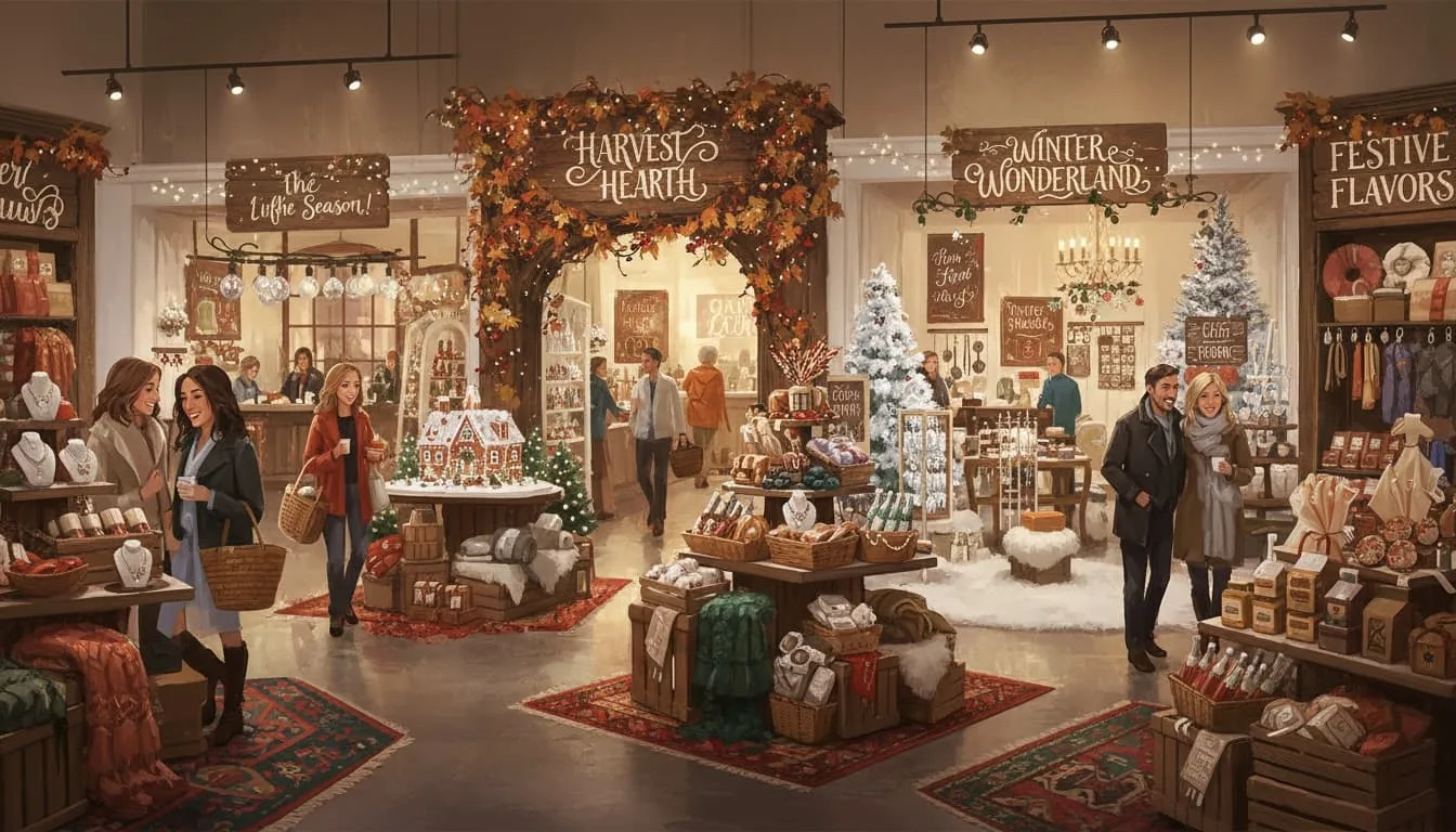 Zona de promoción estacional retail con decoración temática y productos curados