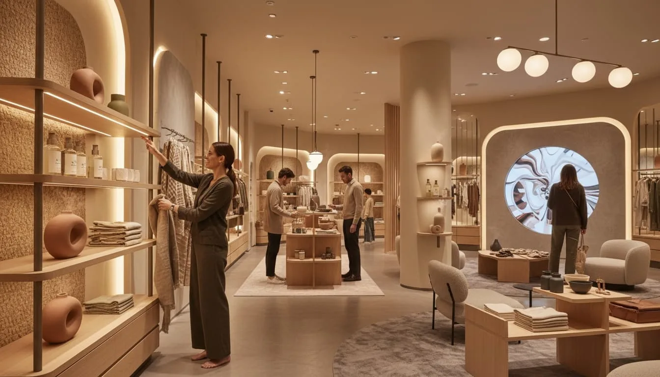 Retail environment using coordinated sensory cues including warm lighting, natural materials, and organized displays