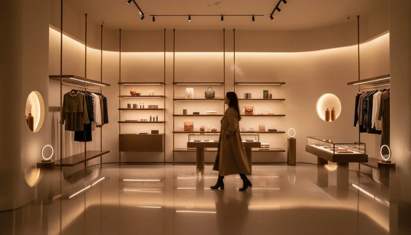 Clienta explorando un entorno retail bien diseñado con iluminación cálida y elementos sensoriales equilibrados