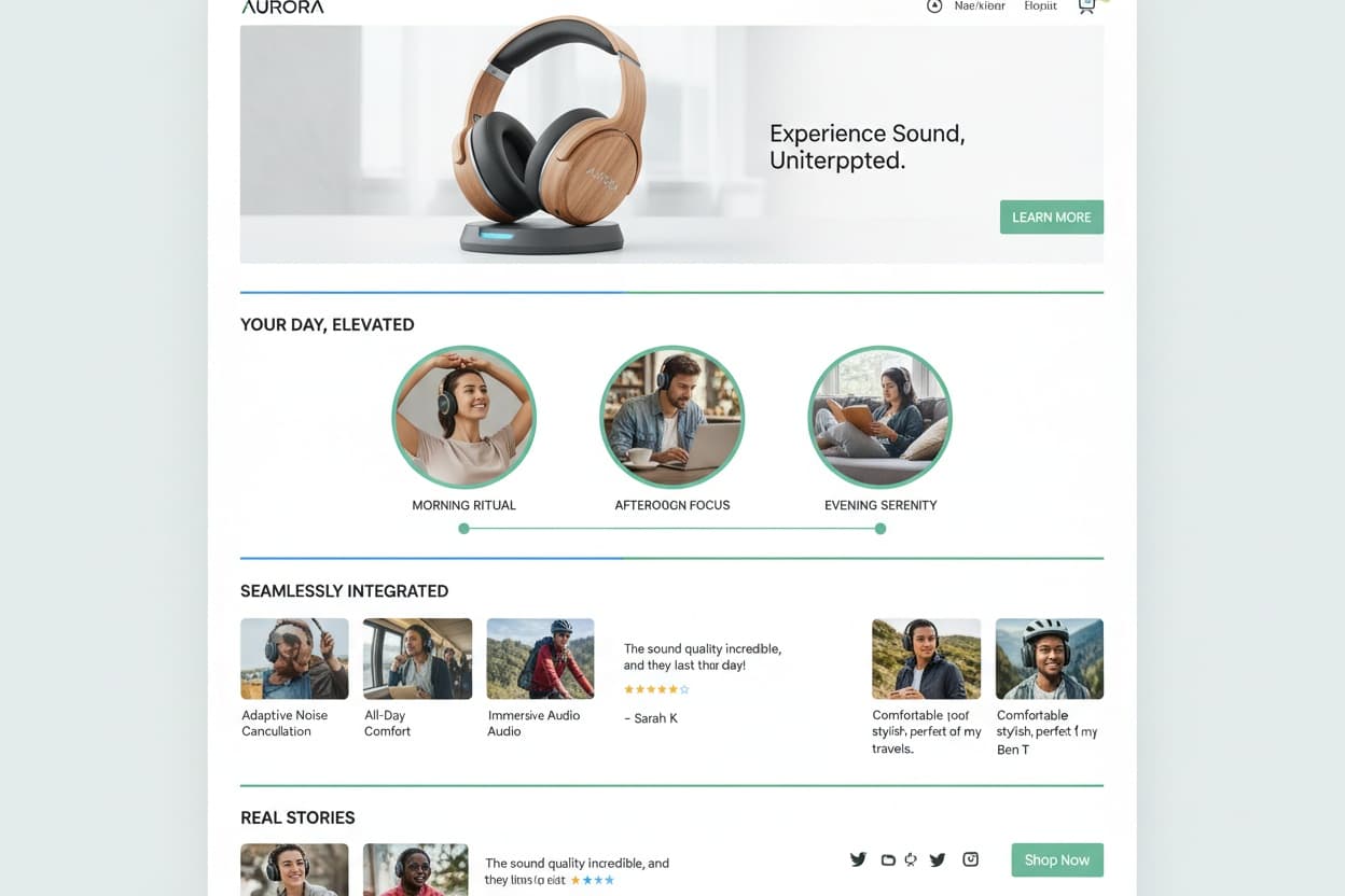 Story driven product page showing narrative sections, customer photos, and use cases