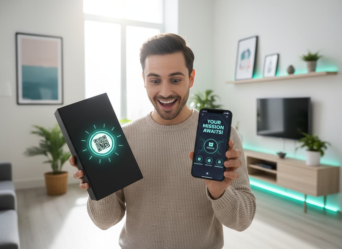 Shopify customer scanning a QR code on packaging that opens an interactive page on their phone