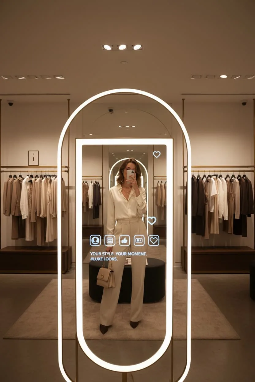 Clienta usando un espejo inteligente y estación de selfies en una tienda de ropa moderna