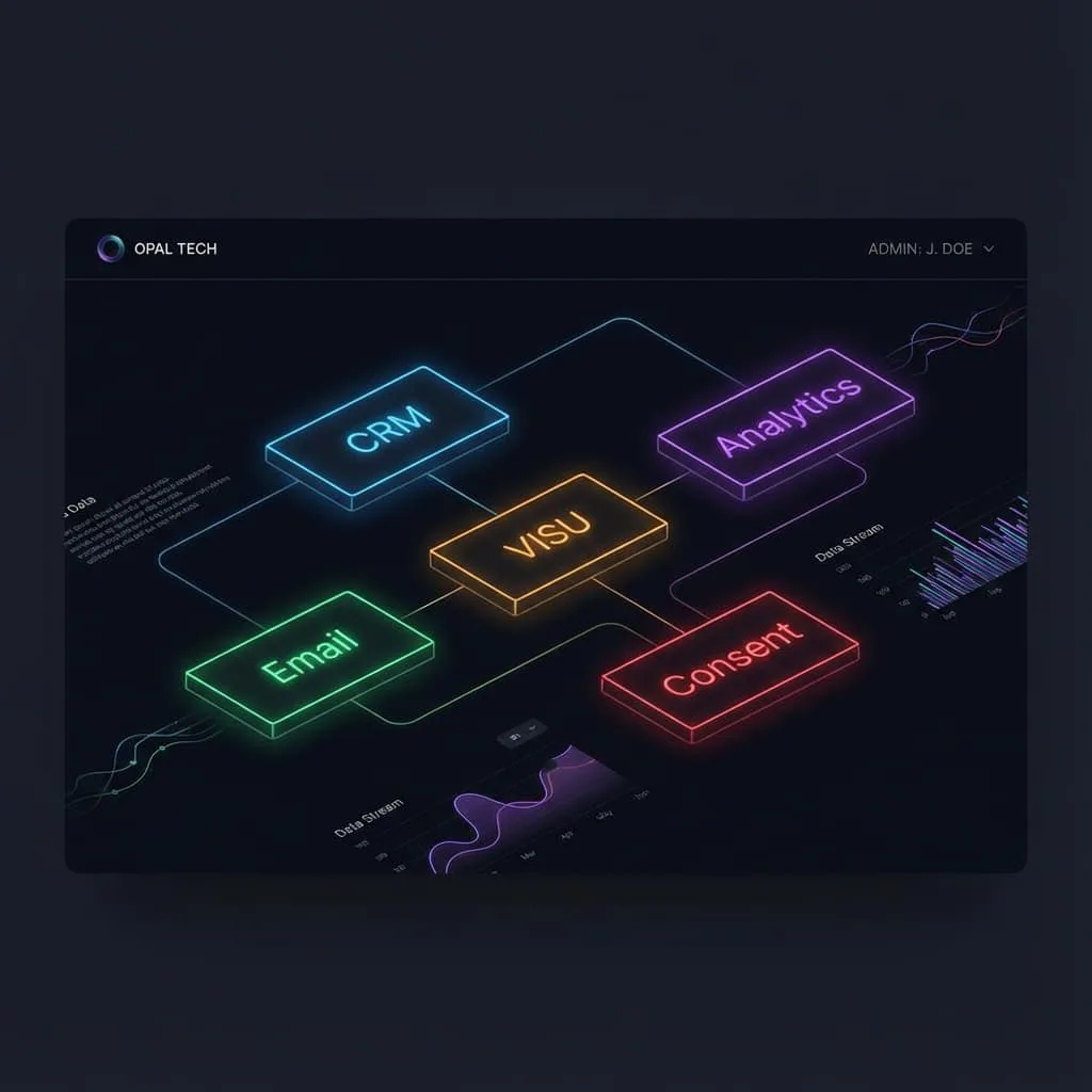 Diagrama de arquitectura del stack tecnológico para pymes conectando CRM, email, VISU y analítica.