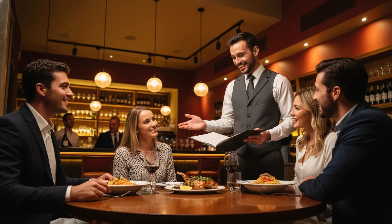 Server confidently recommending dishes to guests with a warm and professional interaction