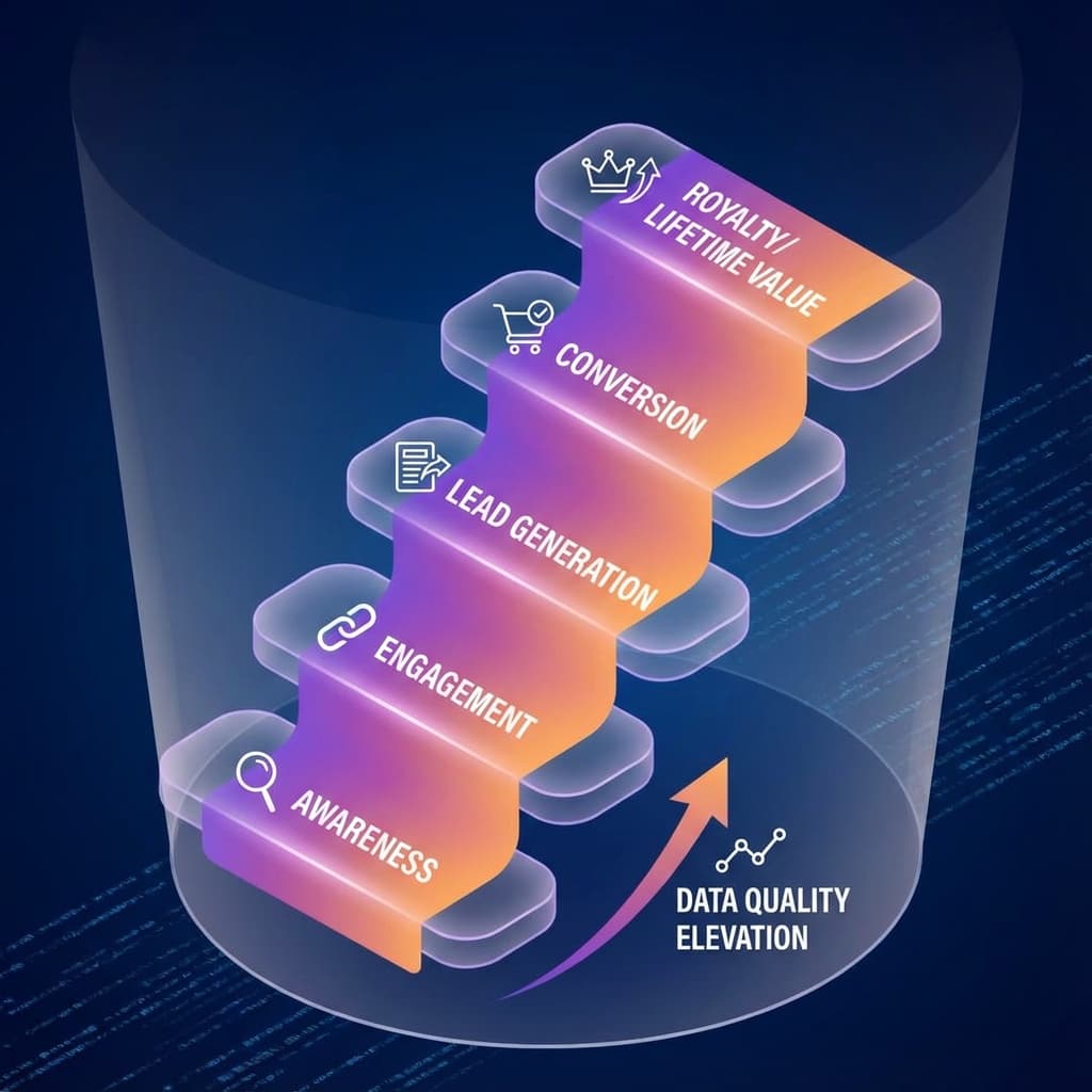 Abstract staircase representing progressive engagement steps in a digital marketing funnel