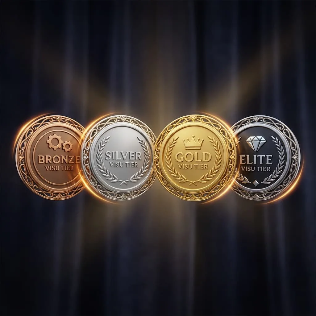 Insignias de niveles VIP de VISU: Starter, Regular, VIP y Elite con sus multiplicadores